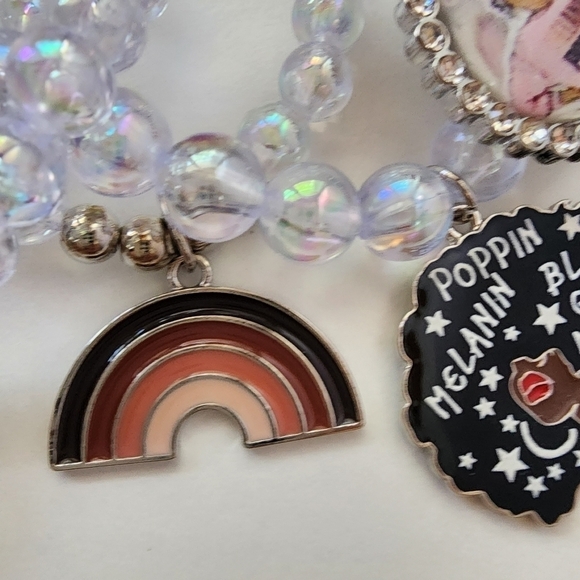 NWT Black Girl Melanin Afro Rainbow Heart AB Iridescent Ball Charm Bracelet Set - Picture 6 of 9